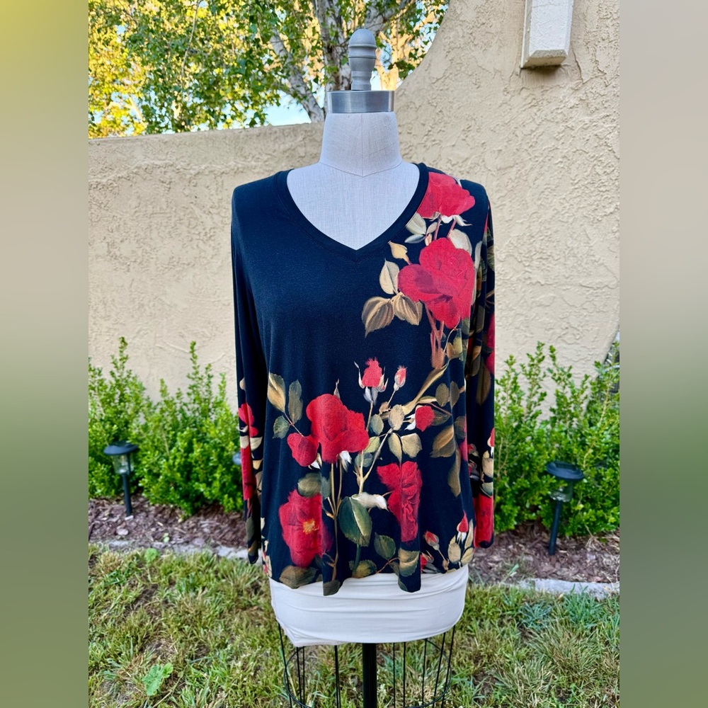 Johnny Was Black Long Sleeve V-Neck Top with Red Floral Print